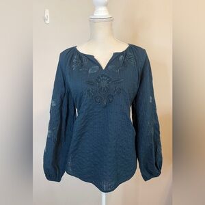 J. Jill Velvet Embroidered Cotton Blouse Teal Floral Long Sleeve Peasant Size M